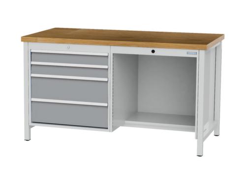 Bedrunka + Hirth Werkbank met blad van massief beuken en frame in vele kleuren, 4 laden, 1/2 legbord