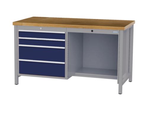 Bedrunka + Hirth Werkbank met blad van massief beuken en frame in vele kleuren, 4 laden, 1/2 legbord