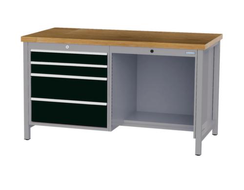 Bedrunka + Hirth Werkbank met blad van massief beuken en frame in vele kleuren, 4 laden, 1/2 legbord