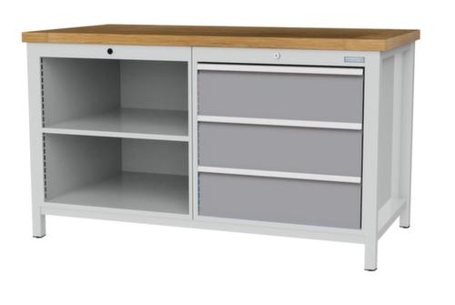 Bedrunka + Hirth Werkbank met blad van massief beuken en frame in vele kleuren, 3 laden, 2 legborden