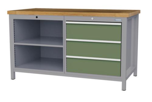 Bedrunka + Hirth Werkbank met blad van massief beuken en frame in vele kleuren, 3 laden, 2 legborden