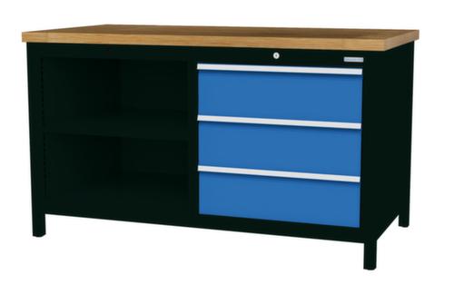 Bedrunka + Hirth Werkbank met blad van massief beuken en frame in vele kleuren, 3 laden, 2 legborden