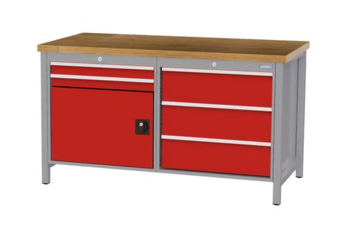 Bedrunka + Hirth Werkbank met blad van massief beuken en frame in vele kleuren, 5 laden, 1 kast