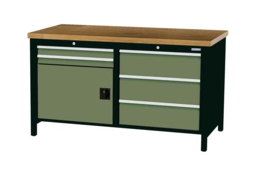 Bedrunka + Hirth Werkbank met blad van massief beuken en frame in vele kleuren, 5 laden, 1 kast