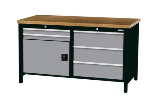 Bedrunka + Hirth Werkbank met blad van massief beuken en frame in vele kleuren, 5 laden, 1 kast