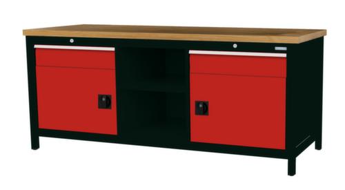 Bedrunka + Hirth Werkbank met blad van massief beuken en frame in vele kleuren, 2 laden, 2 kasten, 2 legborden