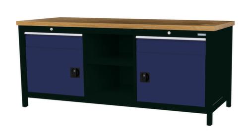 Bedrunka + Hirth Werkbank met blad van massief beuken en frame in vele kleuren, 2 laden, 2 kasten, 2 legborden