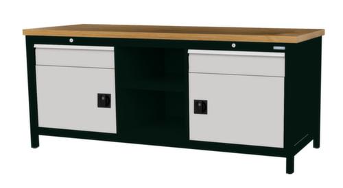 Bedrunka + Hirth Werkbank met blad van massief beuken en frame in vele kleuren, 2 laden, 2 kasten, 2 legborden