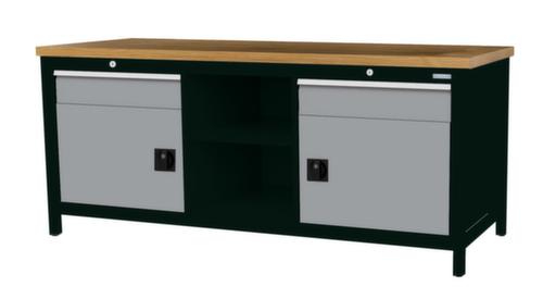 Bedrunka + Hirth Werkbank met blad van massief beuken en frame in vele kleuren, 2 laden, 2 kasten, 2 legborden