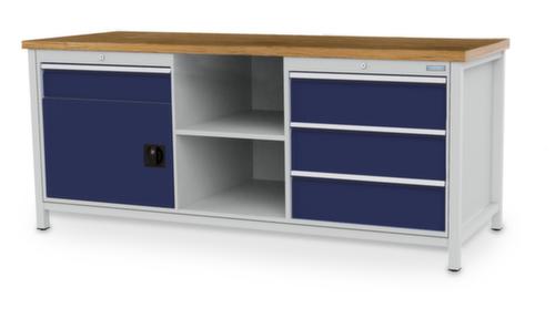 Bedrunka + Hirth Werkbank met blad van massief beuken en frame in vele kleuren, 3 laden, 1 kast, 2 legborden