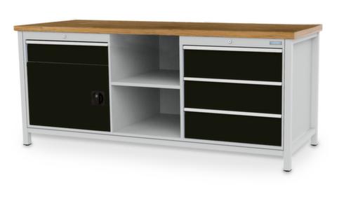 Bedrunka + Hirth Werkbank met blad van massief beuken en frame in vele kleuren, 3 laden, 1 kast, 2 legborden