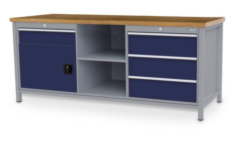 Bedrunka + Hirth Werkbank met blad van massief beuken en frame in vele kleuren, 3 laden, 1 kast, 2 legborden