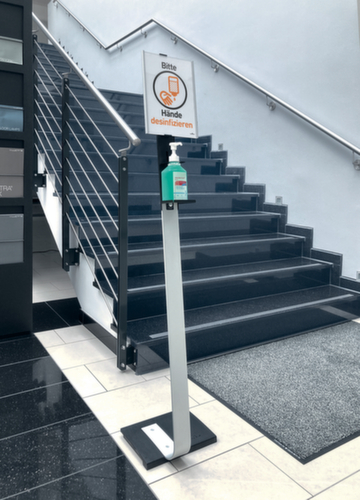 Ontsmettingsmiddelendispenser met variabele flessenhouder, met hefarm