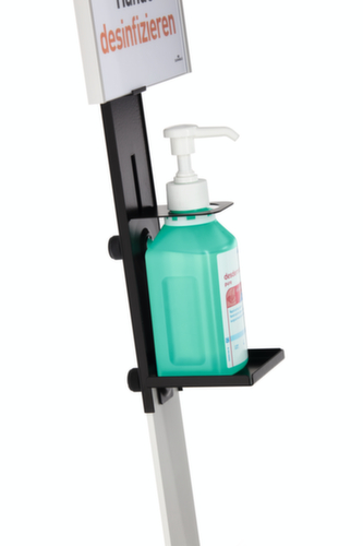 Ontsmettingsmiddelendispenser met variabele flessenhouder, met hefarm