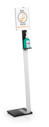 Ontsmettingsmiddelendispenser met variabele flessenhouder, met hefarm