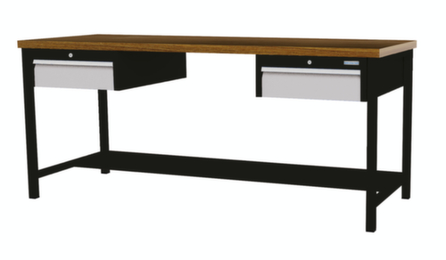 Bedrunka + Hirth Werkbank met blad van massief beuken en frame in vele kleuren, 2 laden, 1/2 legbord