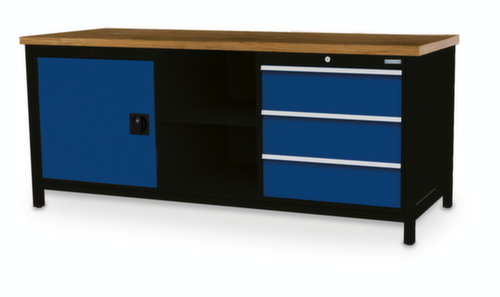 Bedrunka + Hirth Werkbank met blad van massief beuken en frame in vele kleuren, 3 laden, 1 kast, 2 legborden