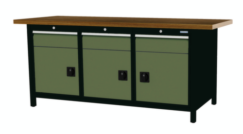 Bedrunka + Hirth Werkbank met blad van massief beuken en frame in vele kleuren, 3 laden, 3 kasten