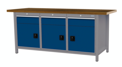 Bedrunka + Hirth Werkbank met blad van massief beuken en frame in vele kleuren, 3 laden, 3 kasten