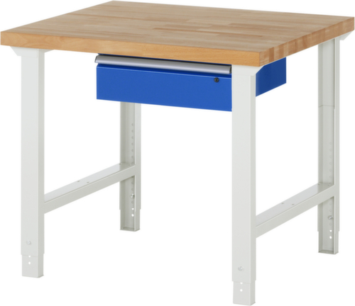 RAU In hoogte verstelbare werkbank Serie 7000, 1 lade, RAL7035 lichtgrijs/RAL5010 gentiaanblauw