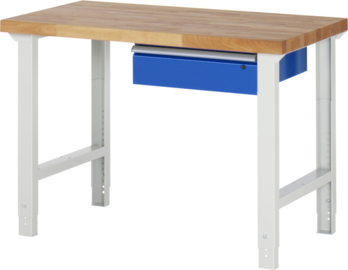RAU In hoogte verstelbare werkbank Serie 7000, 1 lade, RAL7035 lichtgrijs/RAL5010 gentiaanblauw