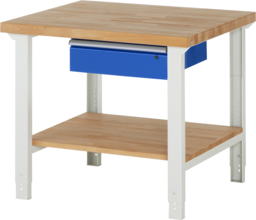 RAU In hoogte verstelbare werkbank Serie 7000, 1 lade, 1 legbord, RAL7035 lichtgrijs/RAL5010 gentiaanblauw
