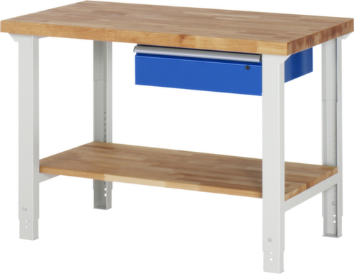 RAU In hoogte verstelbare werkbank Serie 7000, 1 lade, 1 legbord, RAL7035 lichtgrijs/RAL5010 gentiaanblauw