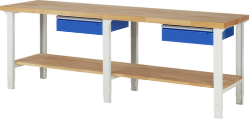RAU In hoogte verstelbare werkbank Serie 7000, 2 laden, 1 legbord, RAL7035 lichtgrijs/RAL5010 gentiaanblauw