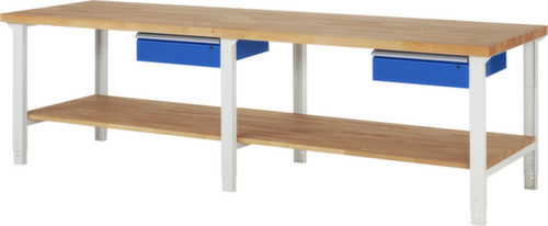 RAU In hoogte verstelbare werkbank Serie 7000, 2 laden, 1 legbord, RAL7035 lichtgrijs/RAL5010 gentiaanblauw