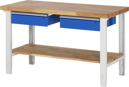 RAU In hoogte verstelbare werkbank Serie 7000, 2 laden, 1 legbord, RAL7035 lichtgrijs/RAL5010 gentiaanblauw