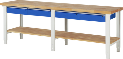 RAU In hoogte verstelbare werkbank Serie 7000, 4 laden, 1 legbord, RAL7035 lichtgrijs/RAL5010 gentiaanblauw