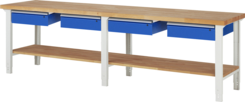 RAU In hoogte verstelbare werkbank Serie 7000, 4 laden, 1 legbord, RAL7035 lichtgrijs/RAL5010 gentiaanblauw
