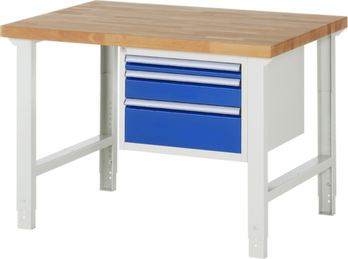 RAU In hoogte verstelbare werkbank Serie 7000, 3 laden, RAL7035 lichtgrijs/RAL5010 gentiaanblauw