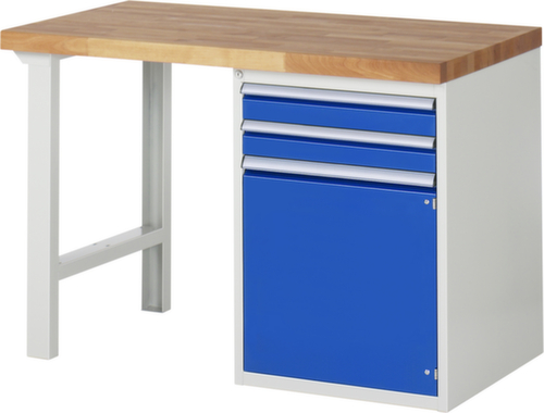 RAU werkbank Serie 7000 met containeronderstel, 2 laden, 1 kast, RAL7035 lichtgrijs/RAL5010 gentiaanblauw