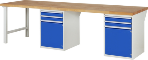 RAU werkbank Serie 7000 met containeronderstel, 8 laden, RAL7035 lichtgrijs/RAL5010 gentiaanblauw