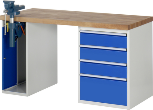RAU werkbank Serie 7000 met containeronderstel, 4 laden, 1 kast, 1 bankschroef, RAL7035 lichtgrijs/RAL5010 gentiaanblauw
