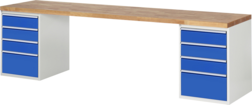 RAU werkbank Serie 7000 met containeronderstel, 8 laden, RAL7035 lichtgrijs/RAL5010 gentiaanblauw
