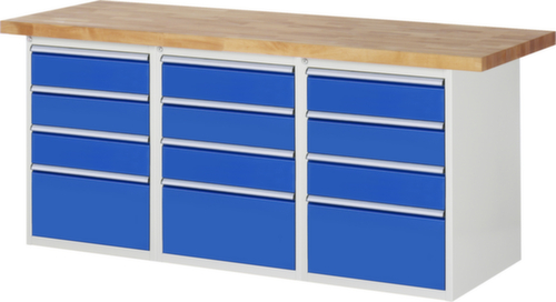 RAU werkbank Serie 7000 met containeronderstel, 12 laden, RAL7035 lichtgrijs/RAL5010 gentiaanblauw