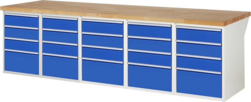 RAU werkbank Serie 7000 met containeronderstel, 20 laden, RAL7035 lichtgrijs/RAL5010 gentiaanblauw