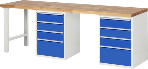 RAU werkbank Serie 7000 met containeronderstel, 8 laden, RAL7035 lichtgrijs/RAL5010 gentiaanblauw