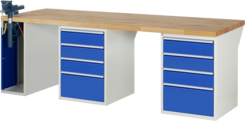 RAU werkbank Serie 7000 met containeronderstel, 8 laden, 1 kast, 1 bankschroef, RAL7035 lichtgrijs/RAL5010 gentiaanblauw