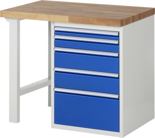 RAU werkbank Serie 7000 met containeronderstel, 5 laden, RAL7035 lichtgrijs/RAL5010 gentiaanblauw