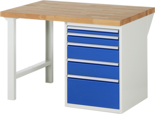RAU werkbank Serie 7000 met containeronderstel, 5 laden, RAL7035 lichtgrijs/RAL5010 gentiaanblauw