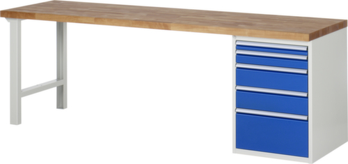 RAU werkbank Serie 7000 met containeronderstel, 5 laden, RAL7035 lichtgrijs/RAL5010 gentiaanblauw