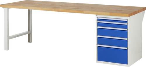 RAU werkbank Serie 7000 met containeronderstel, 5 laden, RAL7035 lichtgrijs/RAL5010 gentiaanblauw