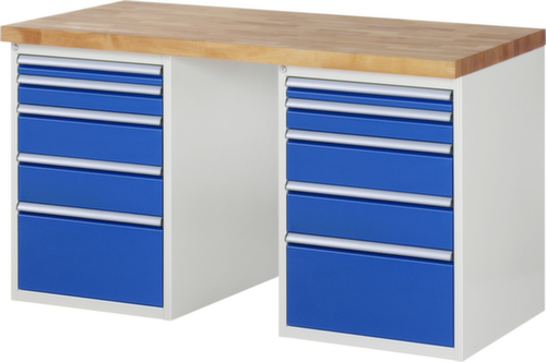 RAU werkbank Serie 7000 met containeronderstel, 10 laden, RAL7035 lichtgrijs/RAL5010 gentiaanblauw