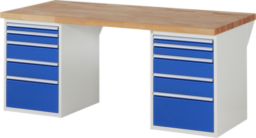 RAU werkbank Serie 7000 met containeronderstel, 10 laden, RAL7035 lichtgrijs/RAL5010 gentiaanblauw