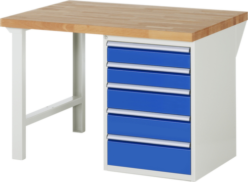 RAU werkbank Serie 7000 met containeronderstel, 5 laden, RAL7035 lichtgrijs/RAL5010 gentiaanblauw