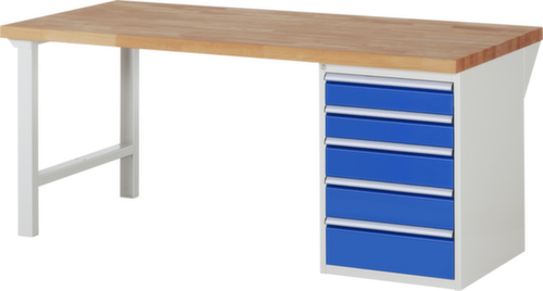 RAU werkbank Serie 7000 met containeronderstel, 5 laden, RAL7035 lichtgrijs/RAL5010 gentiaanblauw