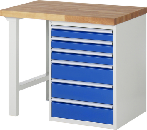RAU werkbank Serie 7000 met containeronderstel, 6 lades, RAL7035 lichtgrijs/RAL5010 gentiaanblauw